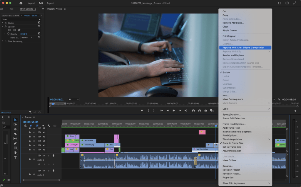Premiere Pro editing timeline with button to Replace With After Effects Composition 
