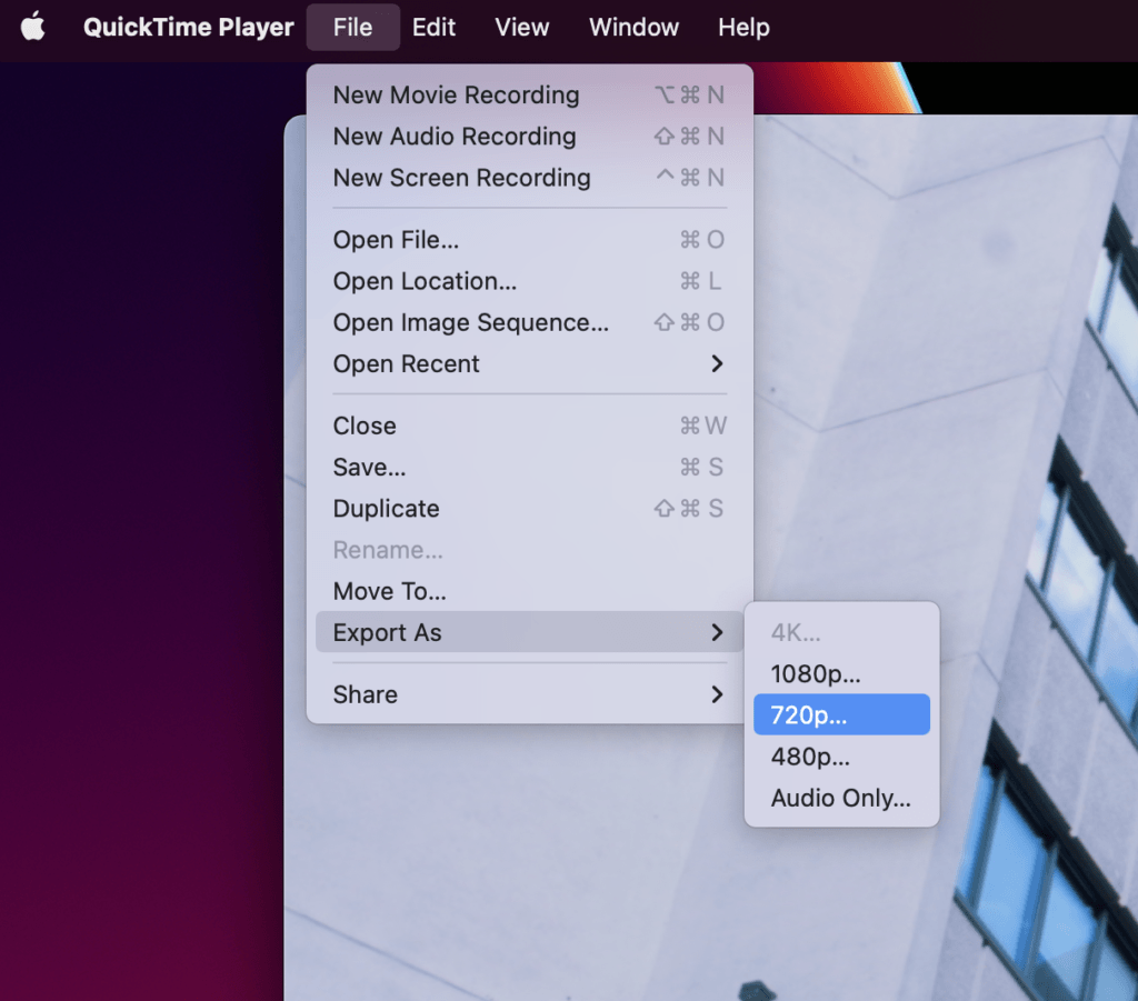 Screenshot of how to reduce video file size on QuickTime Player 